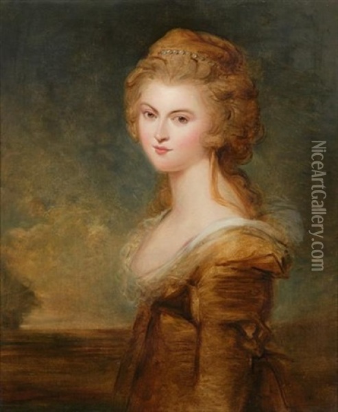 Portrait Of Lady Sinclair In A Golden Gown, Half Length Oil Painting - George Willison