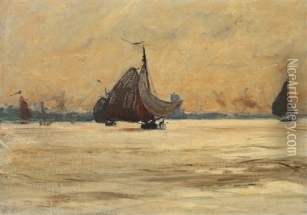 Boats In Winter Oil Painting - Lewis E. Herzog