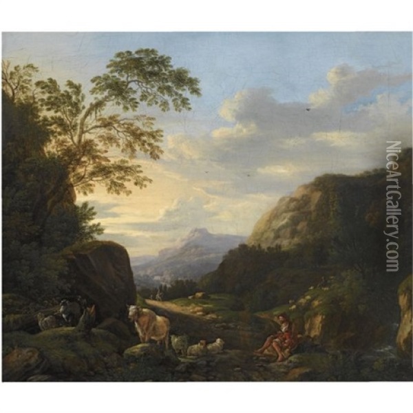 A Rocky Southern Landscape With A Shepherd With His Flock Resting On A Path Oil Painting - Johann Heinrich Roos