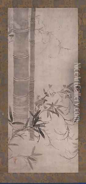 Sparrows and Bamboo, one of a pair of hanging scrolls, Edo period Oil Painting - Anonymous Artist