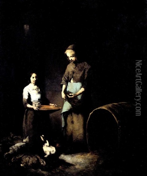 Young Peasant Girls Feeding Barnyard Animals Oil Painting - Theodule Ribot