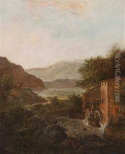 Flodparti Med Vandmolle (sydlige Tyskland?) Oil Painting - Jens Peter (I.P.) Moeller