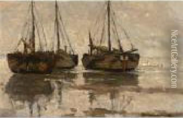 Beached Fishing Boats Oil Painting - Gerhard Arij Ludwig Morgenstje Munthe
