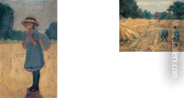 Stehendes Madchen In Der Mittagssonne (+ Zwei Madchen Auf Dem Felde, Lrgr; 2 Works) Oil Painting - Franz Jakob Elmiger
