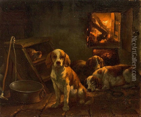 Drei Hundewelpen Vor Einem Ofen Sitzend Oil Painting - Adam Benno