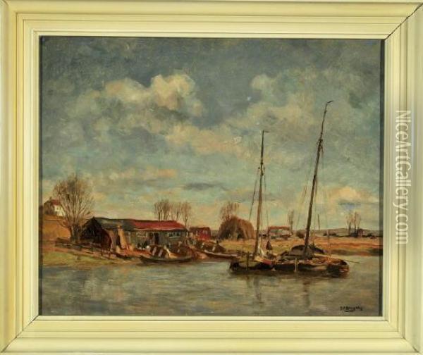 Segelboote An Der Anlegestelle Eines Kleinen Dorfes Oil Painting - Berend Adrianus Bongers