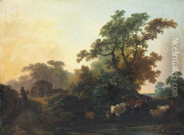 A Wooded Landscape With Cattle In A Stream And Figures By A Waggon On A Track Oil Painting - Philip James de Loutherbourg