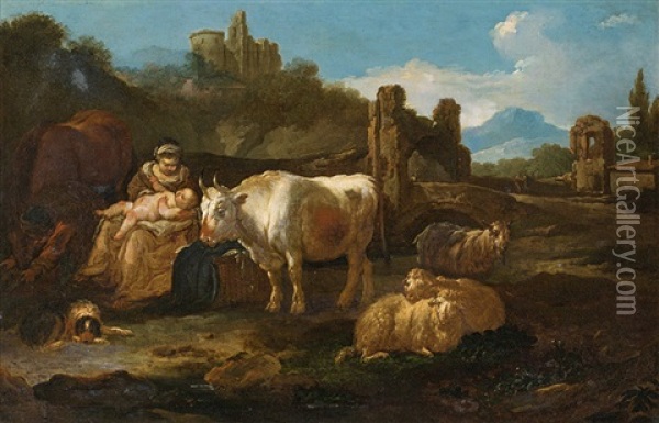 Shepherds And Their Animals In A Landscape Oil Painting - Johann Heinrich Roos