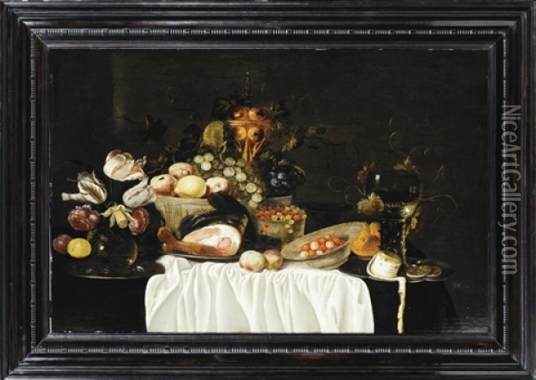 Nature Morte A La Piece De Delf Et Au Jambon Oil Painting - Cornelis Cruys