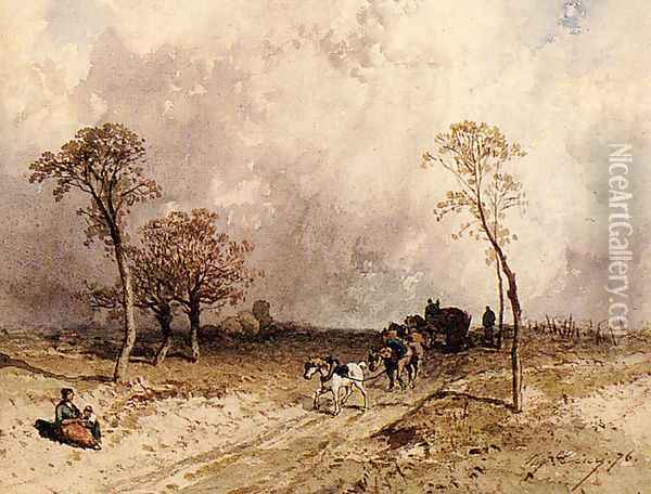 A Team Of Horses Pulling A Cart On A Path Oil Painting - Eugene Ciceri