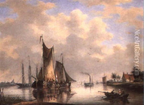 Dutch Sailing Vessels In An Estuary Oil Painting - Gerardus Hendriks