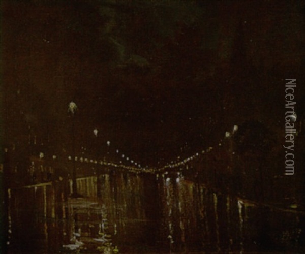 London Street At Night Oil Painting - Albert Henry Fullwood