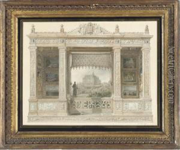 The Chateau At Chatillon-coligny-montmorency Of The Montmorencyfamily, Observed Through A Window From A Neo-classical Picturegallery Oil Painting - Hilaire Thierry