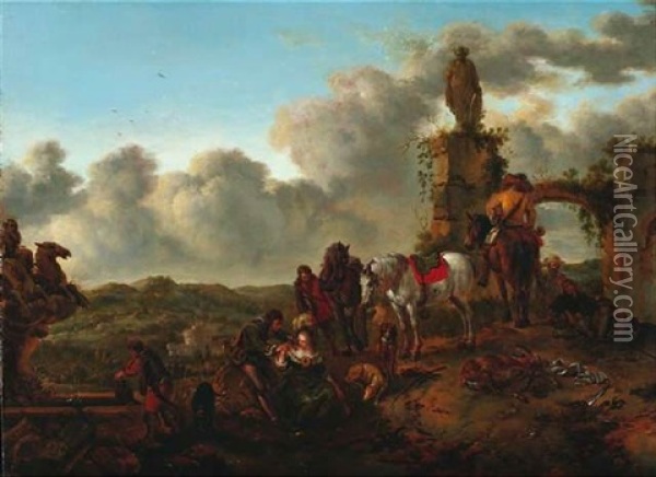 Rast Der Jagdgesellschaft Vor Alten Mauern Oil Painting - Johann Georg Pforr