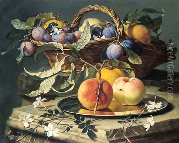 Peaches and plums in a wicker basket, peaches on a silver dish and narcissi on stone plinths Oil Painting - Christian Berentz