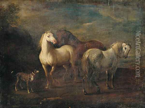 Three horses and a dog in a landscape Oil Painting - Jan Wyck