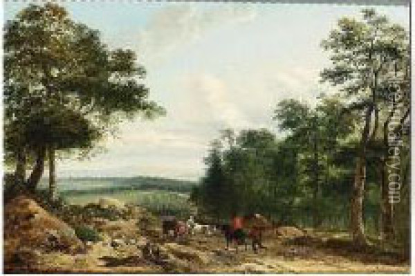 A Wooded Landscape With A Oil Painting - Lazare Bruandet