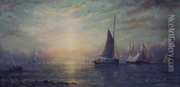 Sunrise, Letting Out The Nets; Sunset, Fishing Vessels Moored Up Oil Painting - Adolphus Knell