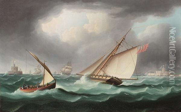 An Armed Cutter Emerging From The Mouth Of The Tagus, Past The Bugio Lighthouse Oil Painting - Thomas Buttersworth