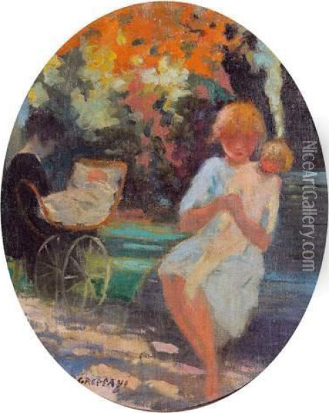 Femme Et Enfant Sur Un Banc Dans Un Parc. Oil Painting - Nicolae Gropeano