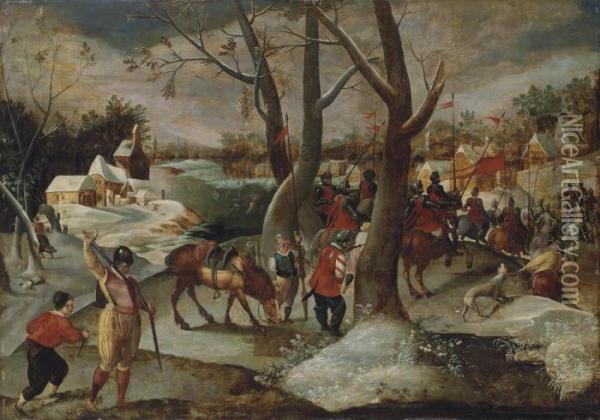 Winter Landscape With The Massacre Of The Innocents Oil Painting - Pieter The Younger Brueghel