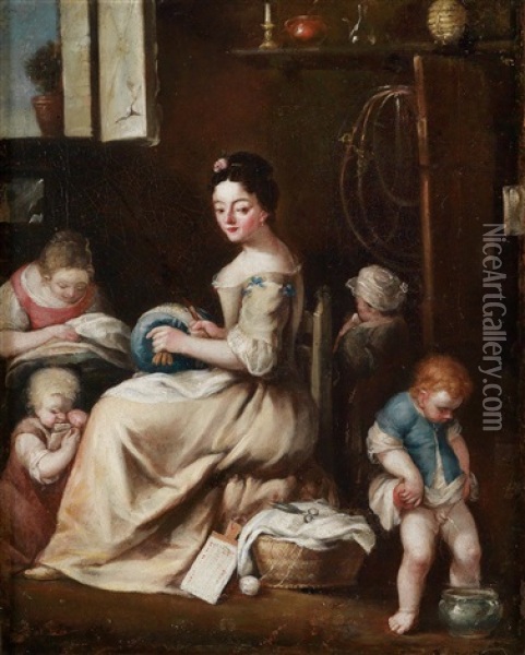 Eine Frau Beim Spitzenkloppeln Mit Vier Kindern Oil Painting - Stefano Ghirardini