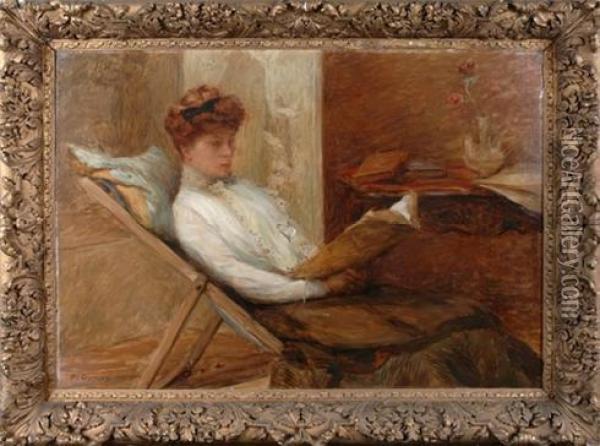 An Elegant Lady Sitting In A Deck Chair Reading Oil Painting - Pierre Paul Cavaille