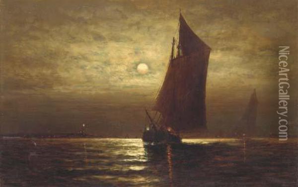Fishing Boats Off The Coast At Night Oil Painting - Wesley Webber