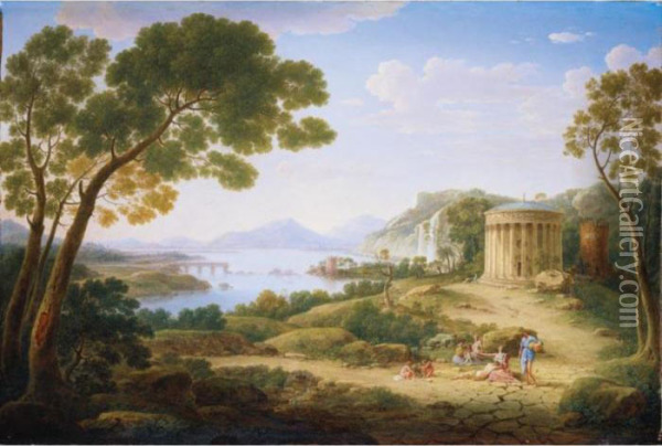 An Extensive Classical Landscape With Figures Seated Before A Tempietto Oil Painting - Hendrik Frans Van Lint