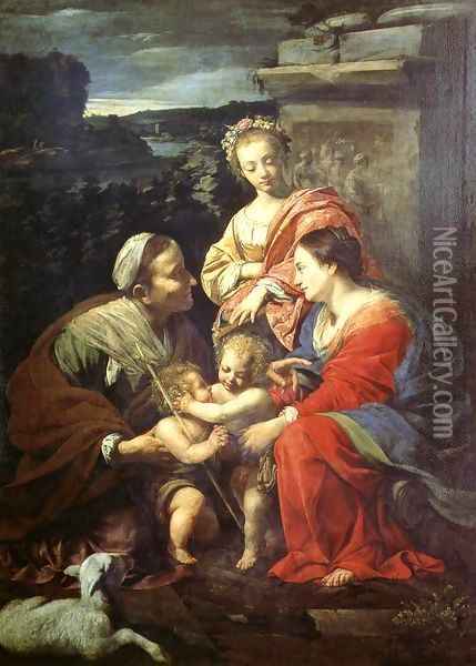 The Holy Family with Sts Elizabeth, John the Baptist and Catherine Oil Painting - Simon Vouet
