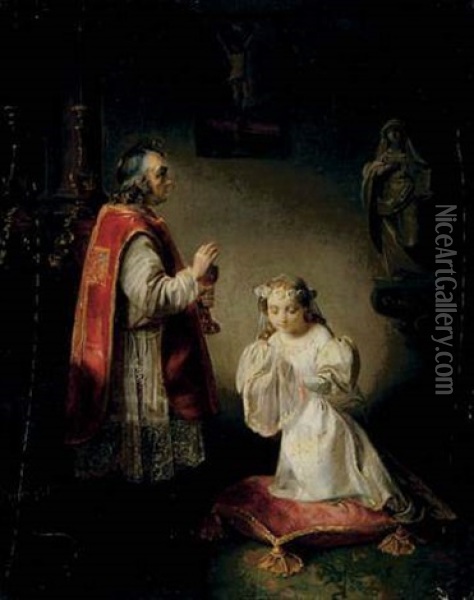 La Premiere Communion. Vers La Droite, Une Statue De Sainte Francoise Romaine Oil Painting - Ferdinand de Braekeleer the Elder
