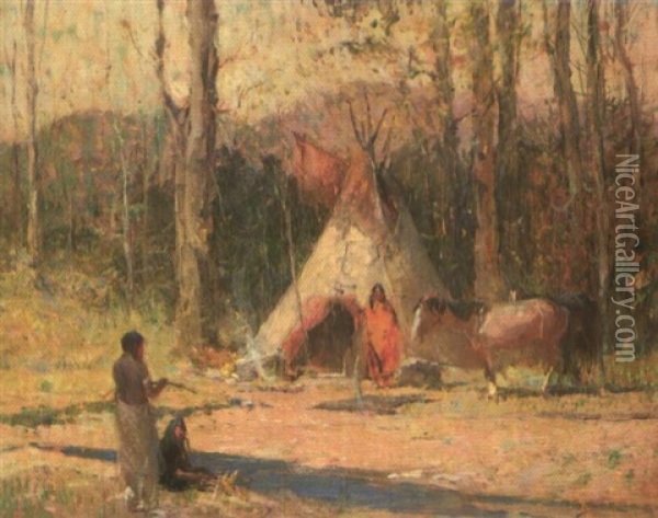 At The Campsite Oil Painting - Oscar Edmund Berninghaus