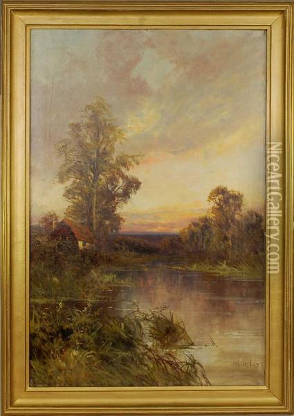 Cottage By A River Landscape Oil Painting - Walter Lewis