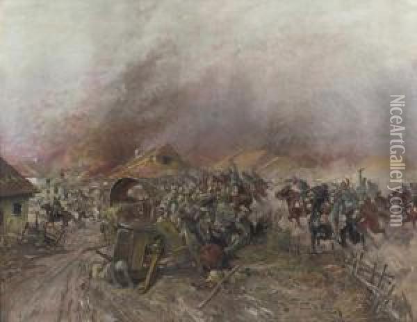 An Austrian Uhlan Regiment Attacking And Dispersing Murderous Andlooting Russians, In A Wolynian Town Nearby Cholm In 1915 Oil Painting - Leonard Winterowski