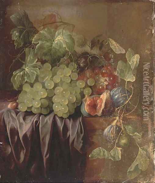 Grapes, figs, an acorn and a drape on a ledge Oil Painting - Edward Ladell