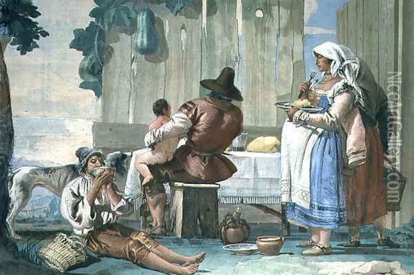 Peasants Eating out of Doors, from the Foresteria Guesthouse 1757 Oil Painting - Giovanni Domenico Tiepolo