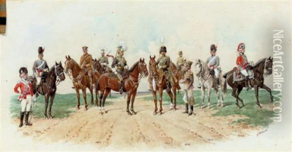 The 21st Lancers With Their Predecessors The 21st Hussars And The21st Light Dragoons Oil Painting - Richard Simkin