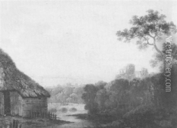 An Extensive Wooded River Landscape With A Distant Castle   Beyond Oil Painting - William Groombridge