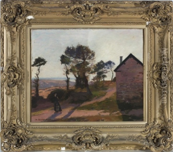 A Rural Landscape With A Barn Oil Painting - Albert Marie (Adolphe) Dagnaux