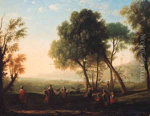An Italianate river landscape with figures dancing in a glade Oil Painting - Claude Lorrain (Gellee)