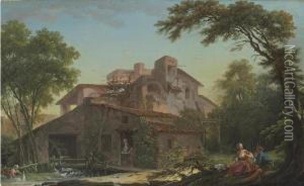 A Watermill With A Dovecot And A Peasant Couple Seated Under A Treein The Foreground Oil Painting - Nicolas-Jacques Juliard