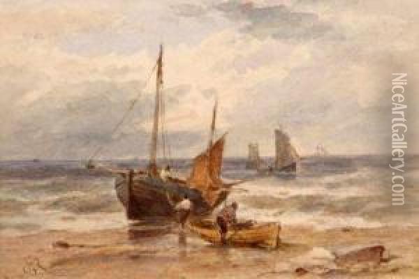 Coastal View With Fishermen By Their Boats Oil Painting - Frederick George Reynolds