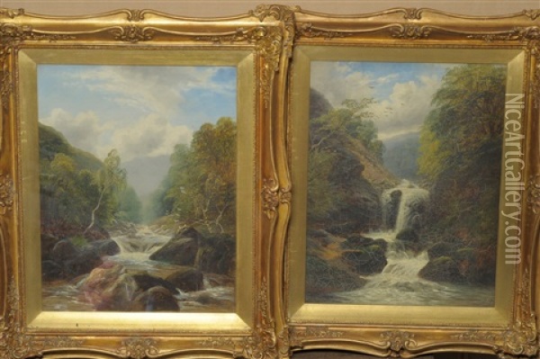 River Landscape With Trees And Waterfall (+ River Landscape With Trees And Waterfall; Pair) Oil Painting - William Mellor