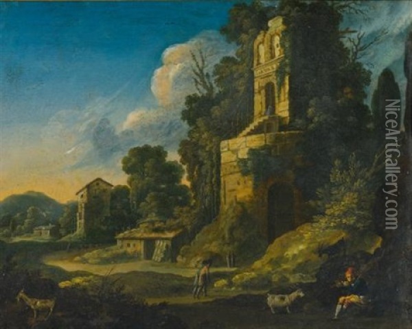 Italianate Landscape With Buildings And A Herdsman Playing Pipes Oil Painting - Bartholomeus Breenbergh