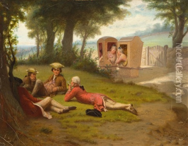 Gossip Of Ye Olden Time, Groups Of Men And Women Conversing In A Landscape Oil Painting - Benjamin Franklin Reinhart
