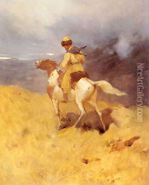 Horseman in a Mountainous Landscape Oil Painting - Franz Roubaud