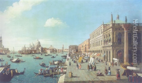The Riva Degli Schiavoni Looking South-west Towards The Entry To The Grand Canal, The Dogma And Santa Maria Della Salute Oil Painting - William James