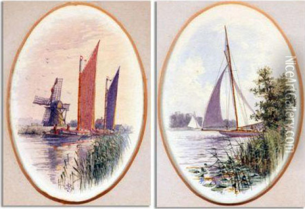 Broadland Landscapes With Wherries And Yacht Oil Painting - Stephen John Batchelder