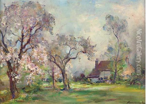 Langford Mill, Maldon, Essex; The Orchard In Blossom Oil Painting - James Herbert Snell