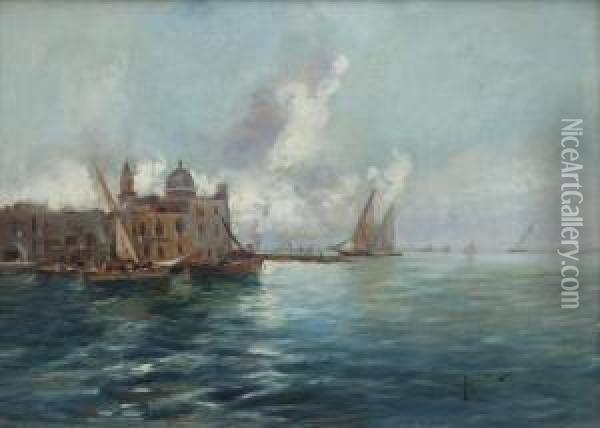 Canale Veneziano Con Santa Maria Della Salute In Lontananza Oil Painting - Oscar Ricciardi
